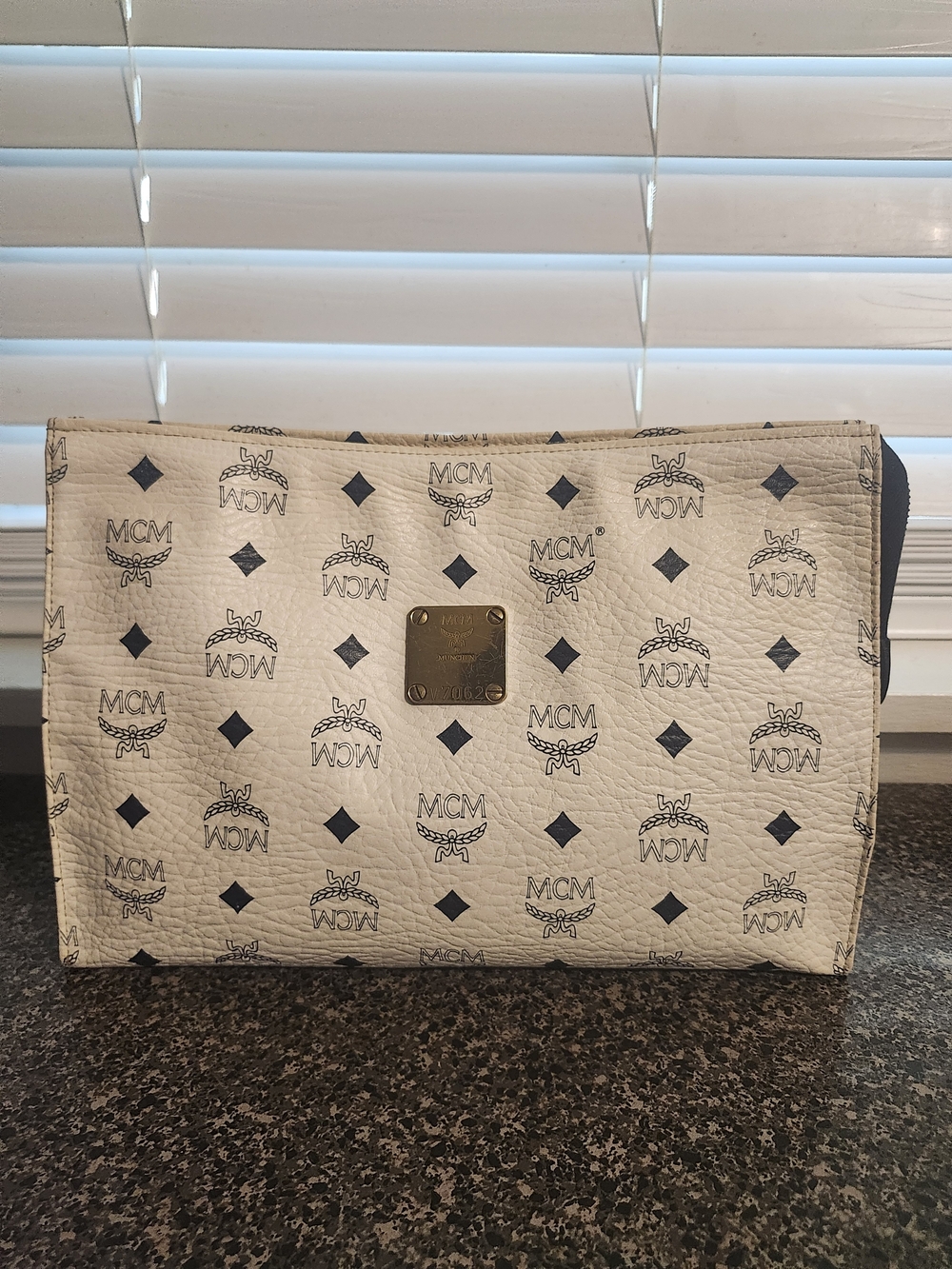 MCM White And Navy Blue Visetos Logo Clutch/ Pouch/ Bag